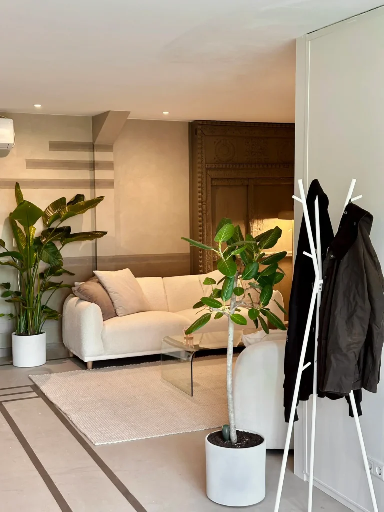 Modern living room with plants and sofa